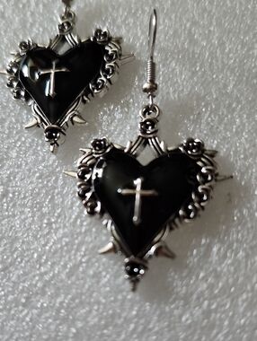 Hand Crafted Black Heart Cross Dangle Earrings